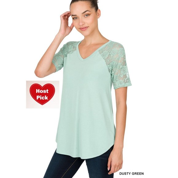 Short Sleeves Top - Dusty Green Color - Lace Sleeves - Round Hem - Picture 1 of 5